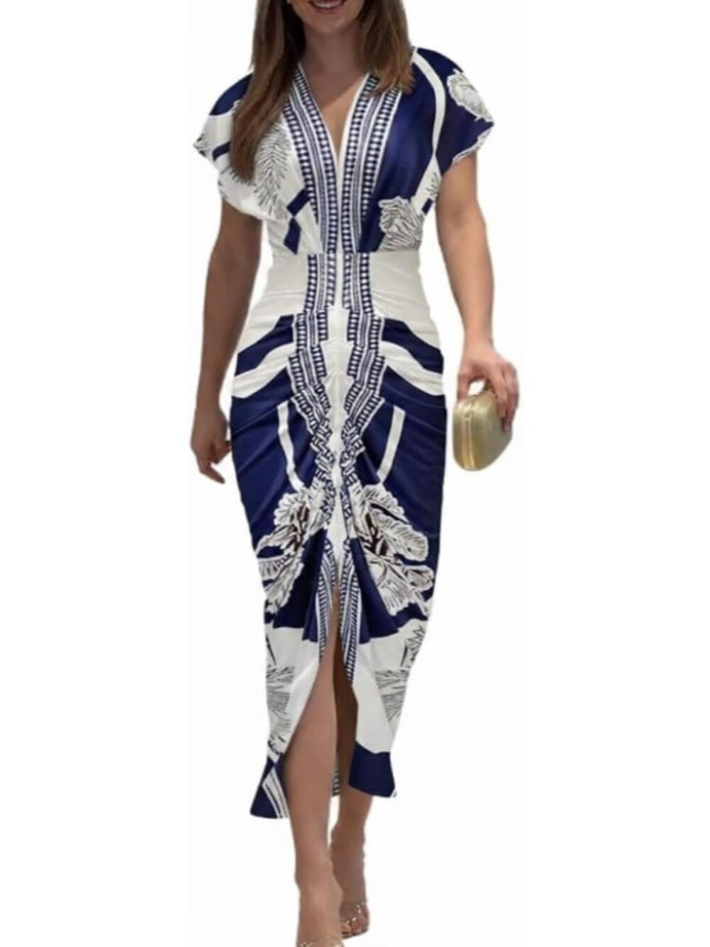 〽️Women's Blue Floral Plunge V Neck Ruched Summer Cocktail Slit Midi Dress